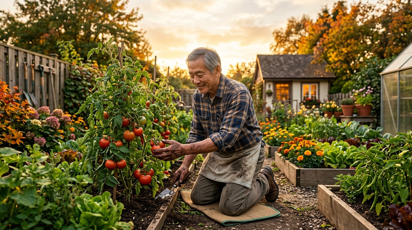 A man tending tomatoes in his backyard garden at golden hour.