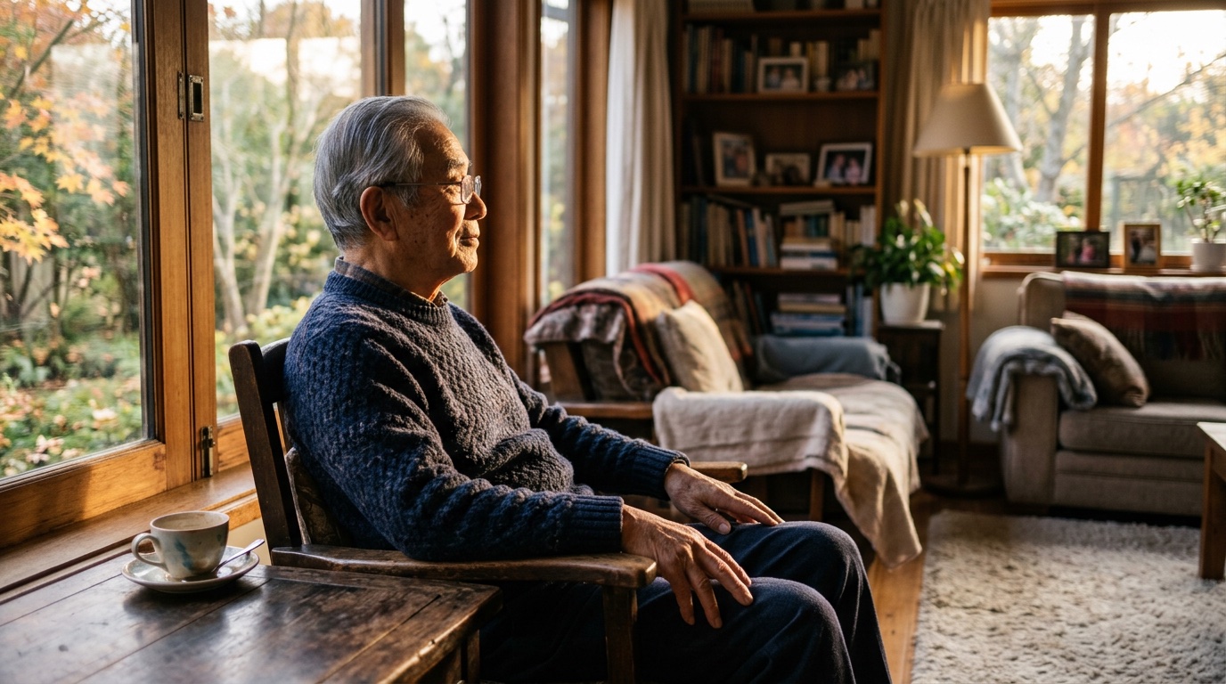 An elderly man seated in profile beside a window, soft afternoon light, contemplative.