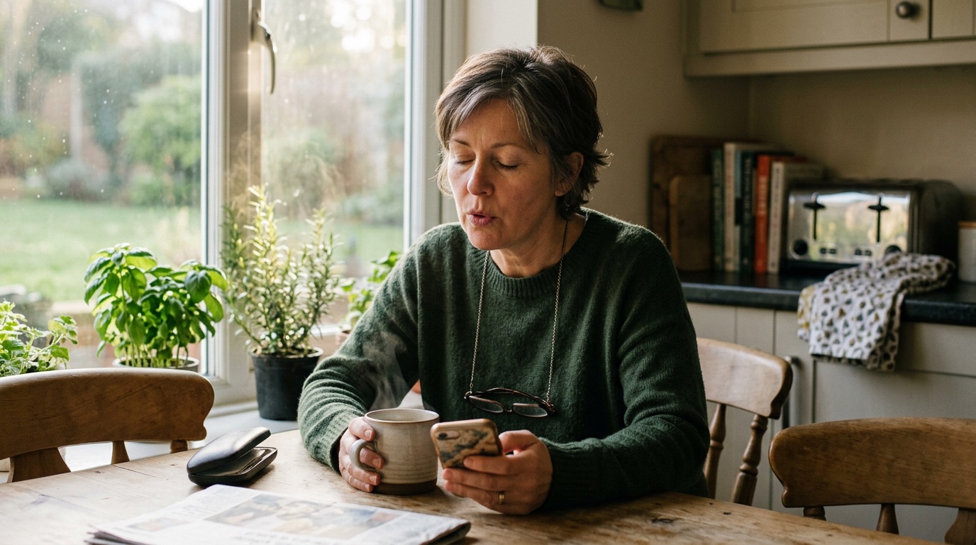 A middle-aged woman at a kitchen table with a coffee mug, a quiet morning moment.