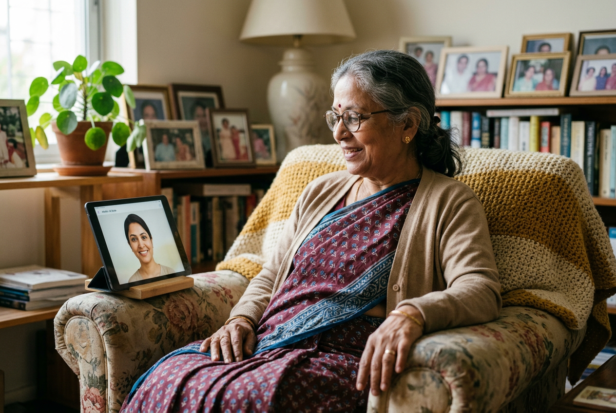 An older woman in an armchair, mid-conversation, soft daylight.