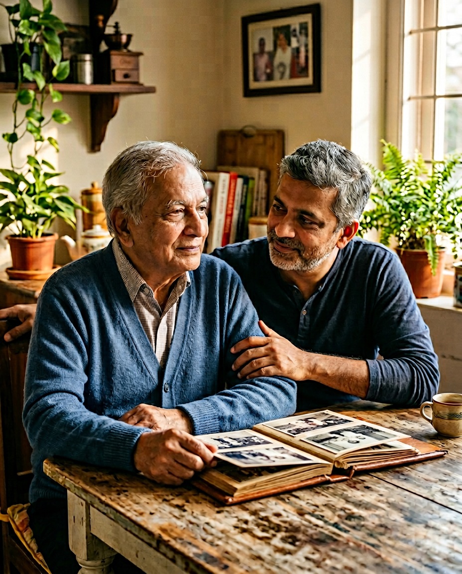 An adult daughter and her elderly mother seated at a kitchen table looking at a photo album together.